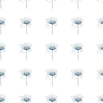 Vector Hand drawn blue dandelion on white background repeat seamless pattern. Stock Illustration