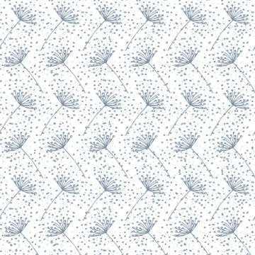 Vector Hand drawn blue dandelion on white background repeat seamless pattern. Stock Illustration