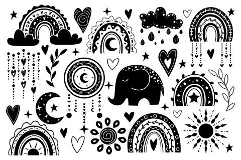 Vector hand drawn boho clipart with rainbows, sun, moon, elephant Stock Illustration