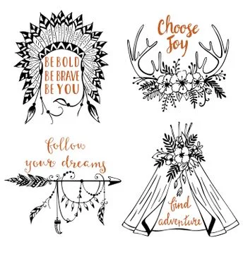 Vector hand drawn boho style design elements with inspirational quotes Illustrazione stock