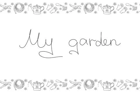 Vector hand drawn border, frame of outline flowers and garden equipments. Hor 스톡 일러스트