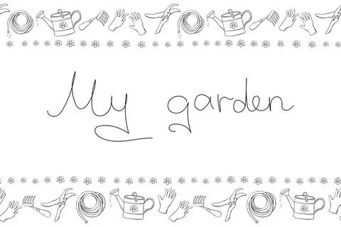 Vector hand drawn border, frame of outline flowers and garden equipments. Hor Stock-Illustration