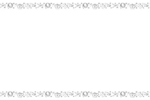 Vector hand drawn border, frame of outline flowers and garden equipments. Hor 스톡 일러스트