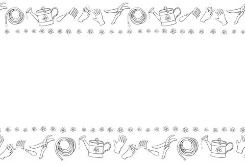 Vector hand drawn border, frame of outline flowers and garden equipments. Hor 스톡 일러스트