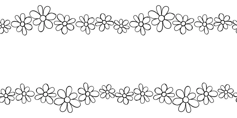 Vector hand drawn border, frame of small outline black flowers chamomiles in  Stock Illustration