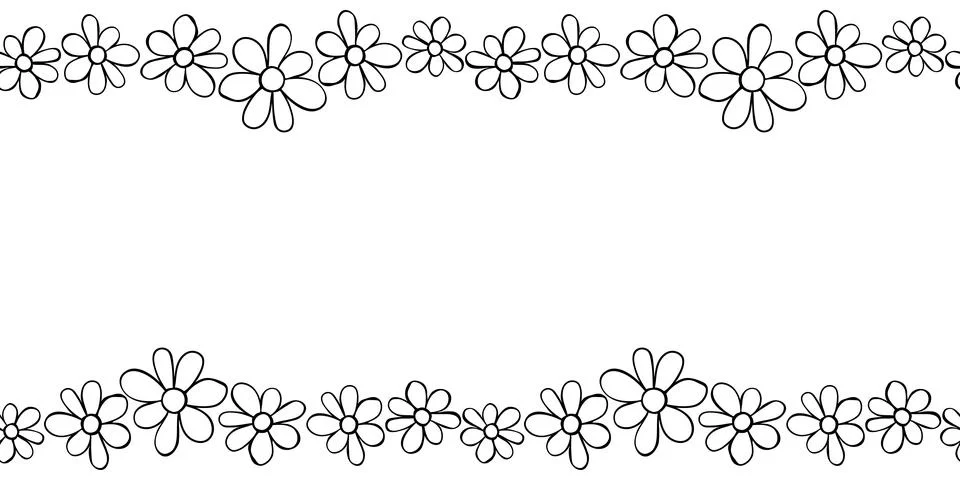 Vector hand drawn border, frame of small outline black flowers chamomiles in  스톡 일러스트