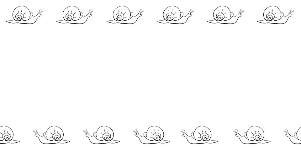 Vector hand drawn border, frame of outline cute snails in doodle style. Horiz Stock Illustration