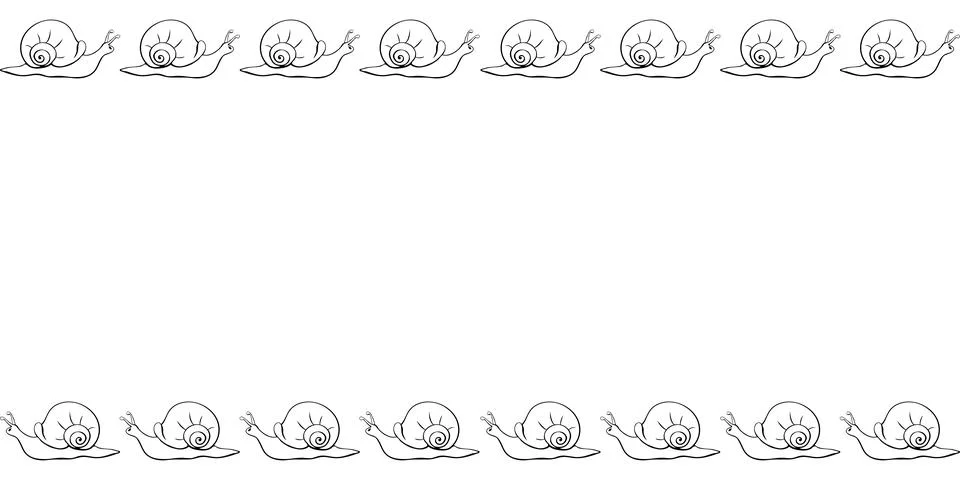 Vector hand drawn border, frame of outline cute snails in doodle style. Horiz イラスト素材