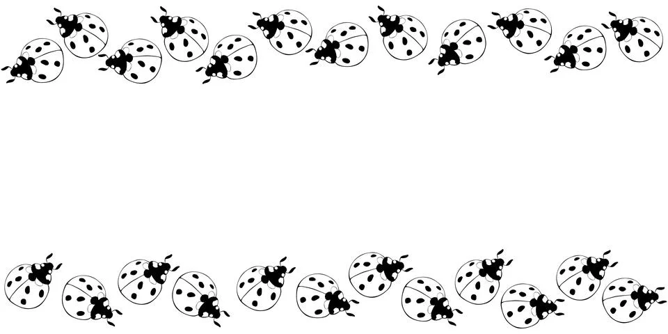 Vector hand drawn border, frame of outline cute ladybugs in doodle style. Hor Stock Illustration