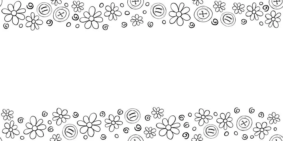 Vector hand drawn border, frame of small outline black flowers chamomile, but Illustrazione stock