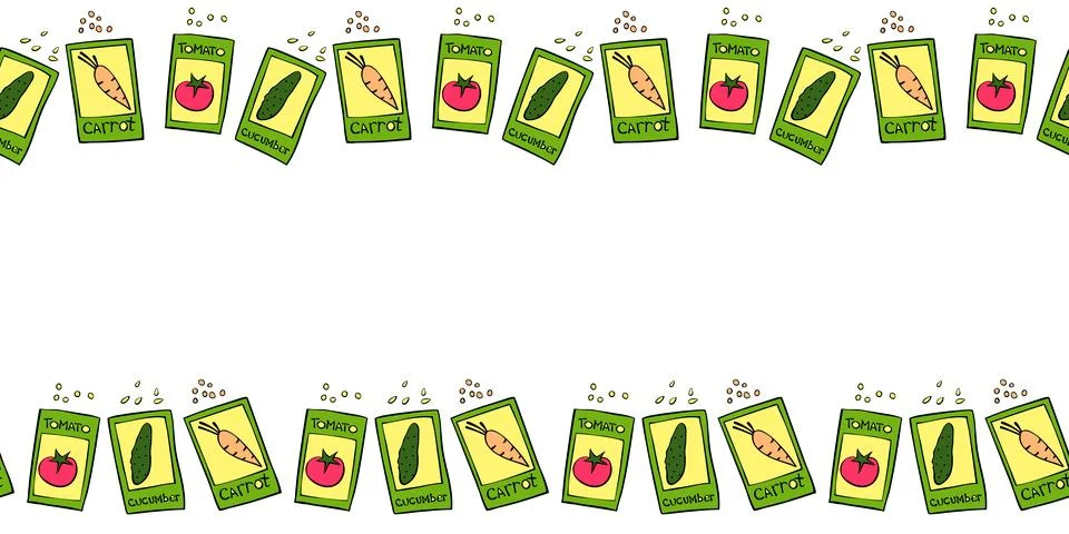 Vector hand drawn border, frame of green paper bags with seeds vegetables in  Stock Illustration