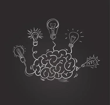 Vector hand drawn brain with different bulbs Stock Illustration