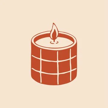 Vector hand drawn burning candle in a ceramic jar with a checkerboard pattern Stock Illustration