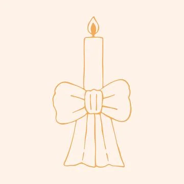 Vector hand drawn burning candle decorated with a large festive ribbon bow 库存插图