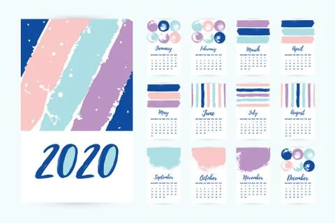 Vector Hand drawn Calendar 2020. Set of 12 Months. Creative colorful design Stock Illustration