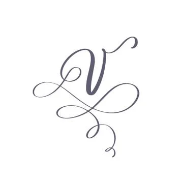 Vector Hand Drawn calligraphic floral V monogram or logo. Uppercase Hand Stock Illustration