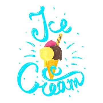 Vector hand drawn calligraphy lettering phrase "Ice Cream" with flat style ta Stock Illustration