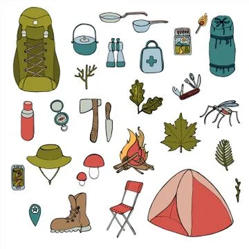 Vector hand drawn camping elements set isolated on white Illustrazione stock