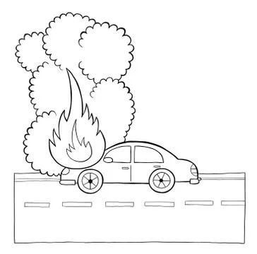 Vector hand drawn of car fire. Black outlines and white background. 스톡 일러스트