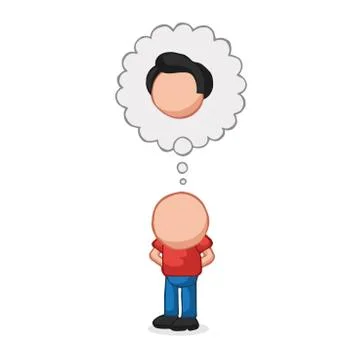 Vector hand-drawn cartoon of bald man standing imagine with thought bubble of Stock Illustration