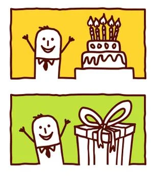 Vector hand drawn cartoon characters - businessman &amp; birthday Stock Illustration