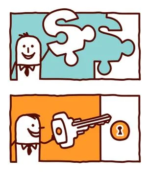 Vector hand drawn cartoon characters - puzzle &amp; key Stock Illustration