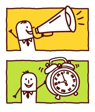 Vector hand drawn cartoon characters - loudhailer &amp; alarm clock Stock Illustration