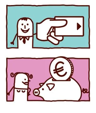 Vector hand drawn cartoon characters - credit card &amp; money box Stock Illustration