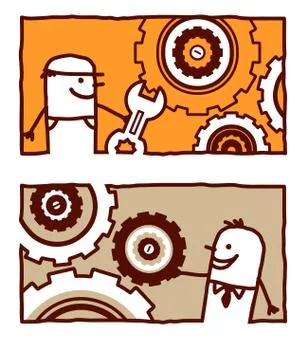 Vector hand drawn cartoon characters - worker &amp; engineer Stock Illustration