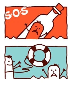 Vector hand drawn cartoon characters - help &amp; rescue Stock Illustration