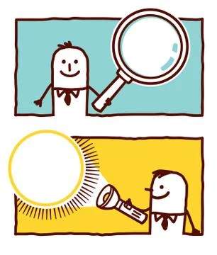 Vector hand drawn cartoon characters - magnifier &amp; flashlight Stock Illustration