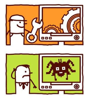 Vector hand drawn cartoon characters - bug &amp; restore Stock Illustration