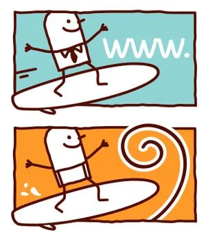 Vector hand drawn cartoon characters - surf on the web or wave Stock Illustration