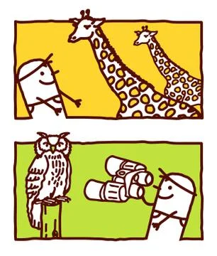 Vector hand drawn cartoon characters - giraffe &amp; owl Stock Illustration