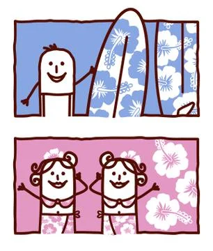 Vector hand drawn cartoon characters - surfboard &amp; Hawaian style . Stock Illustration