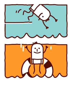 Vector hand drawn cartoon characters - diving &amp; jumping in the water . Stock Illustration