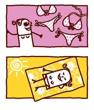 Vector hand drawn cartoon characters - swimsuits &amp; sunbathing Stock Illustration