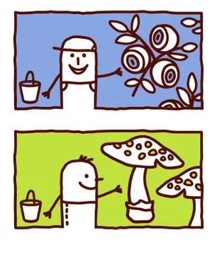 Vector hand drawn cartoon characters -  blueberries &amp; mushrooms picking Stock Illustration