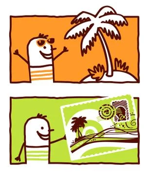 Vector hand drawn cartoon characters - exotic island &amp; postcard Stock Illustration