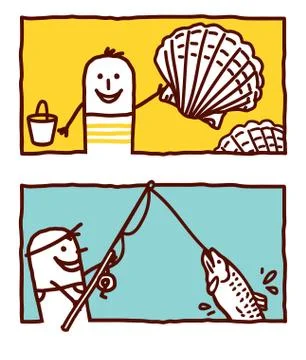 Vector hand drawn cartoon characters - shells &amp; fishing Stock Illustration