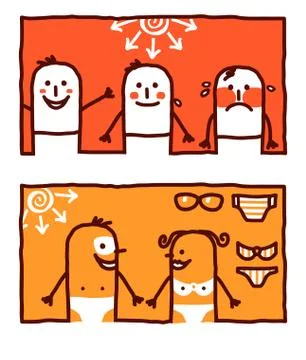 Vector hand drawn cartoon characters - hot sunrays &amp; tanning Stock Illustration