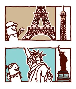 Vector hand drawn cartoon characters - Eiffel tower &amp; Sttue of liberty Stock Illustration