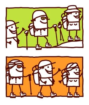 Vector hand drawn cartoon characters - trekk in the desert or mountain Stock Illustration