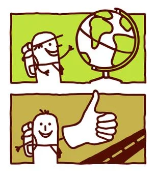 Vector hand drawn cartoon characters - globe trotter &amp; hitchhiker Stock Illustration