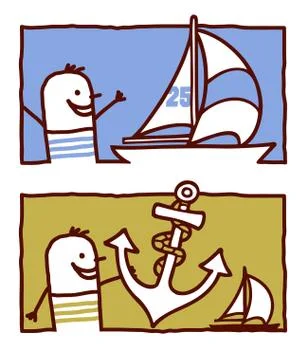 Vector hand drawn cartoon characters - sailor with yacht &amp; anchor Stock Illustration