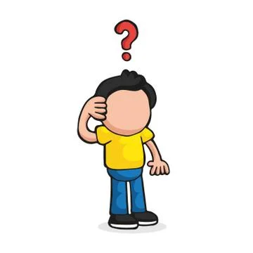Vector hand-drawn cartoon of confused man thinking with question mark 스톡 일러스트