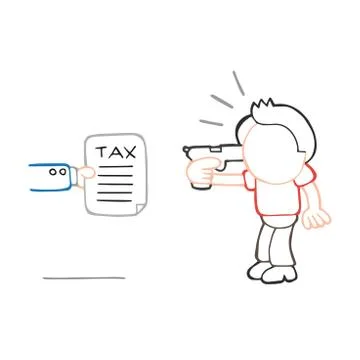 Vector hand-drawn cartoon of depressed man holding gun to head presented with Stock Illustration