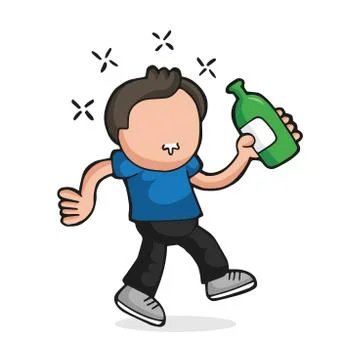 Vector hand-drawn cartoon of drunk man walking holding bottle of beer Ilustración de archivo