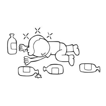 Vector hand-drawn cartoon of drunk man lying on floor with empty beer bottles Stock Illustration