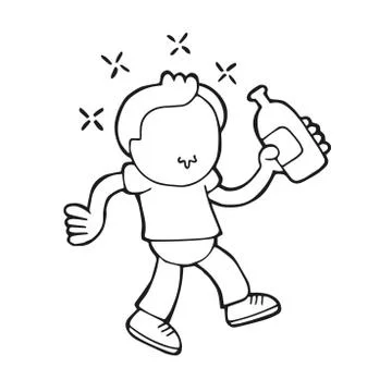 Vector hand-drawn cartoon of drunk man walking holding bottle of beer Ilustración de archivo